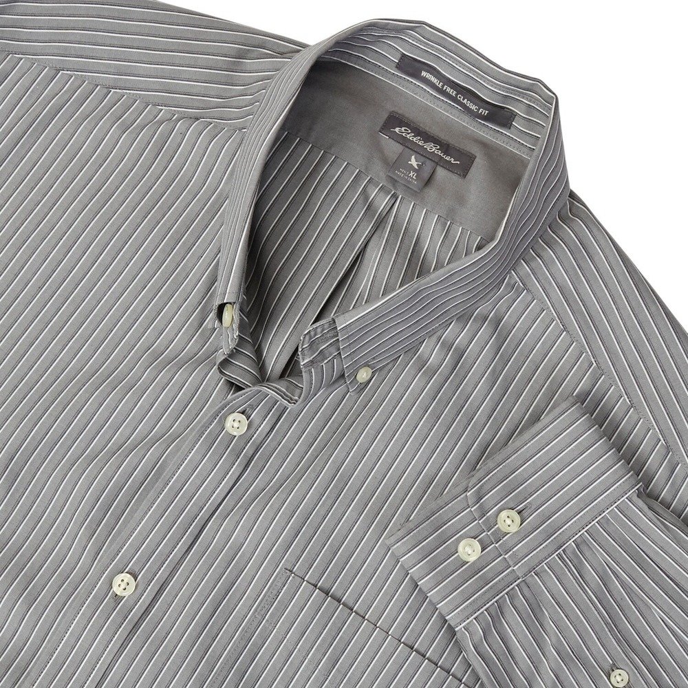 Eddie Bauer Men's XL Wrinkle Free Classic‎ Fit Button Shirt Gray white Striped